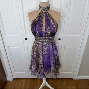 Tony Bowls Women’s Animal Print  Halter Mini Dress Size 6 Purple Brown Backless